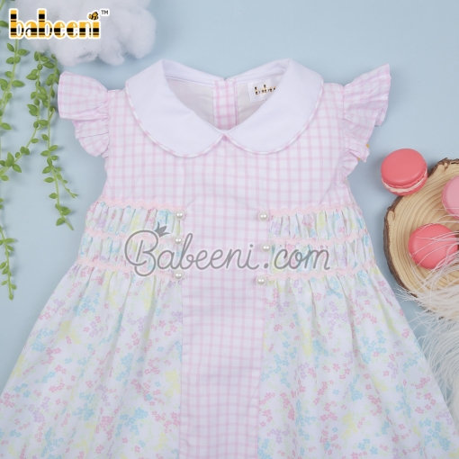 Flower printed baby pink window pane dress – BB3044